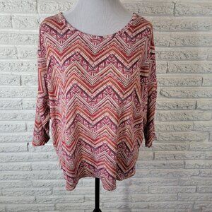 New Directions Women XL Blouse Red Geometric Boat Neck 3/4 Sleeve Knit GEO4E